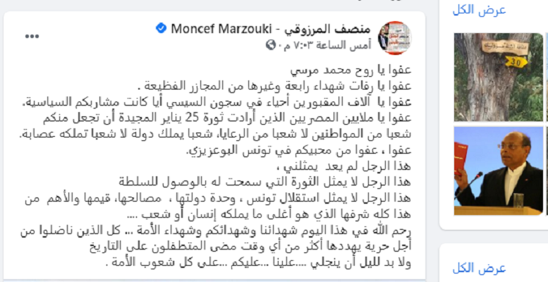 منصف المرزوقي: زيارة قيس سعيد لمصر خيانة للرئيس الشهيد محمد مرسي